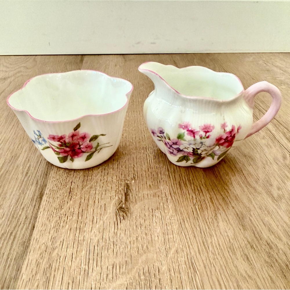 Vtg Shelley Fine Bone China Cream & Sugar Bowl Set, Flowers Stocks Pattern 13428